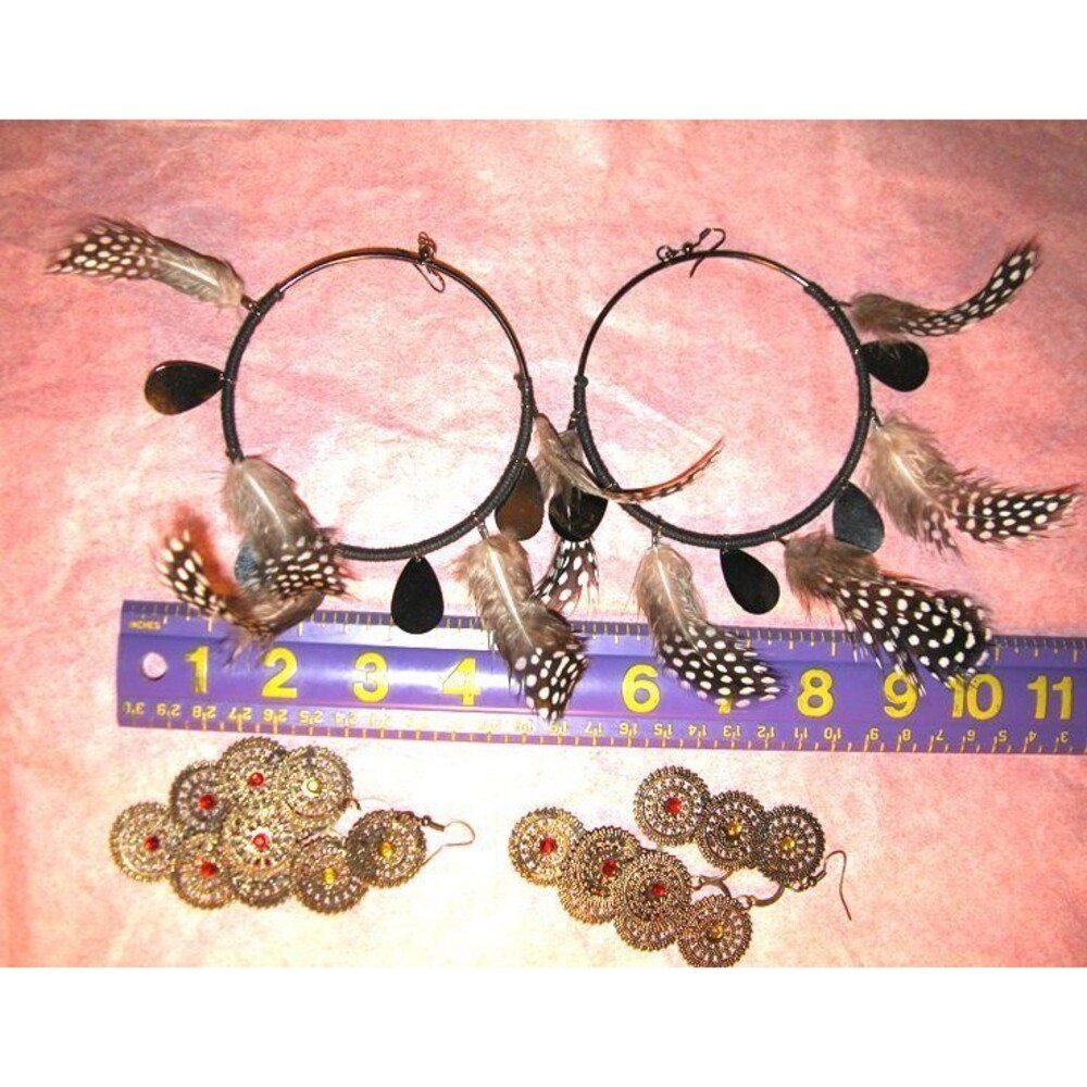 Designer NEW Feather VERY Big Hoop Earrings Hoops Pierced Wrapped & 1 Dangle Ear